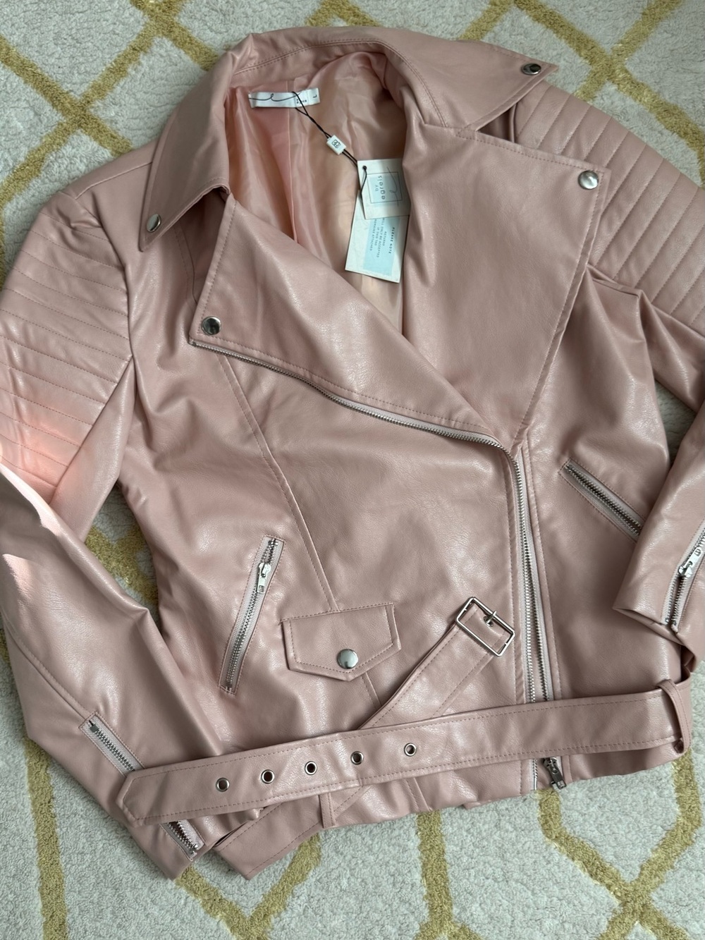 Blush Pink Faux Leather Moto Jacket with Quilted Shoulders